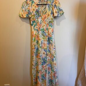 Floral V-Neck Maxi Dress in Yellow and Green